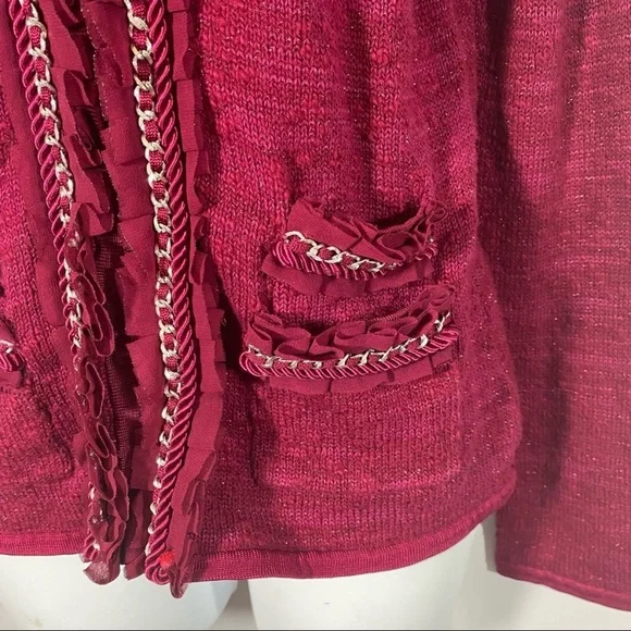 White House Black Market Cardigan Sweater Ruffle Chain Trim Hook And Eye Closure - Picture 8 of 8